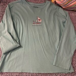 Life Is Good Long Sleeve Tee in Seafoam with Pink Accent